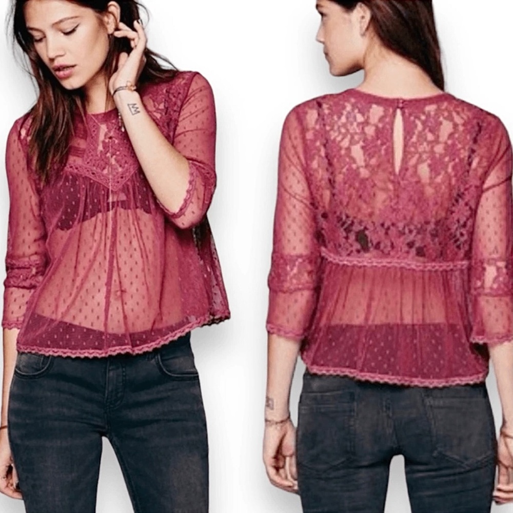 Free People Modern Romance Sheer Lace Peplum Top Blouse in Rutabaga Mauve Medium